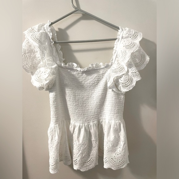 Jennifer & Grace Smocked Eyelet Lace Ruffle Girly Coquette Summer Top Size M - Picture 2 of 9